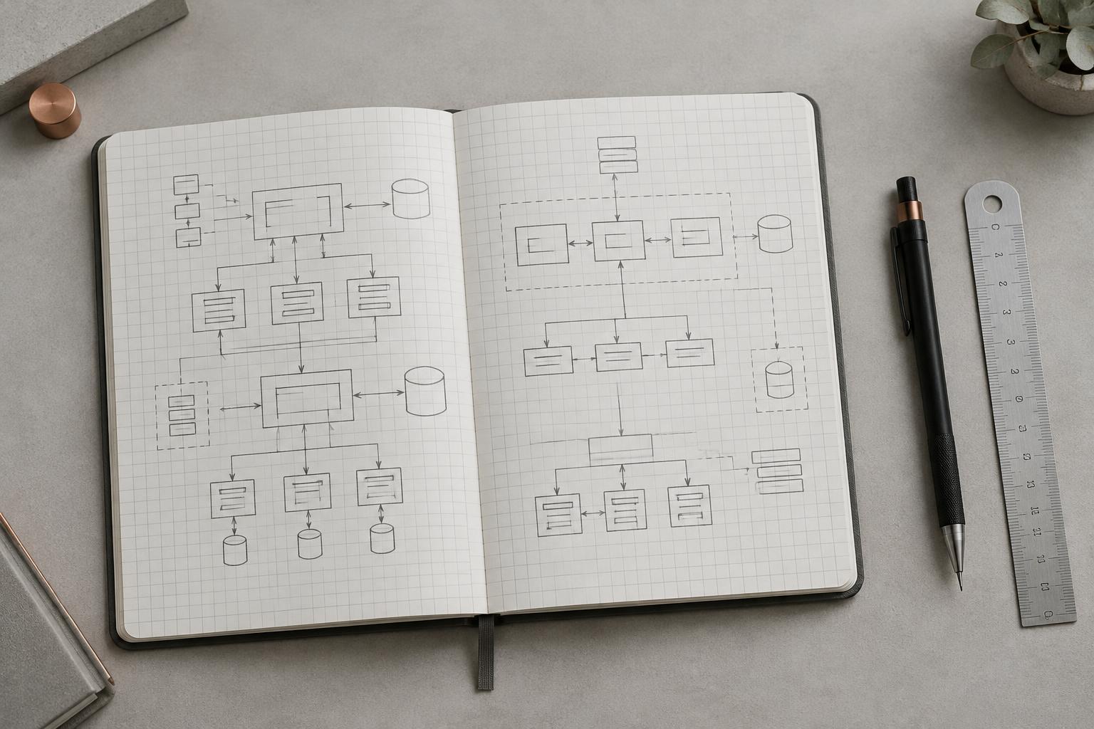 Skizzierte Systemzusammenhänge in einem technischen Notizbuch